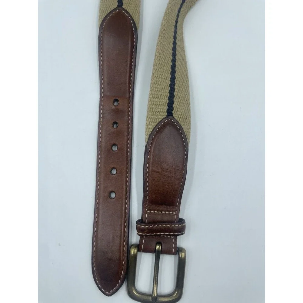 *Orvis* Mens Belt Brown Leather~Canvas~blue Strip Braided Woven 52XH USA Size 40